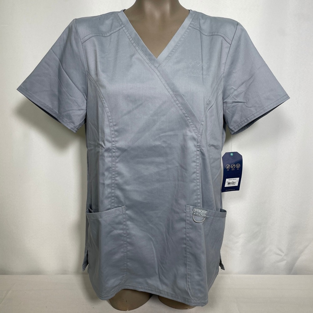 Cherokee Workwear Revolution Gray Mock Wrap Scrub Top Women's MEDIUM NWT